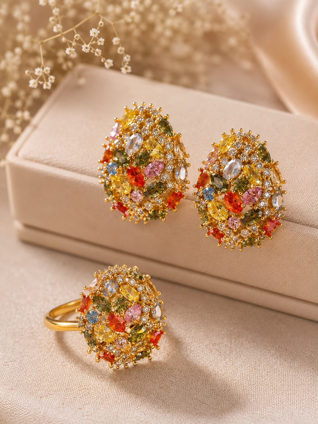 Conjunto de brincos e anel multicolorido com pedras de várias cores